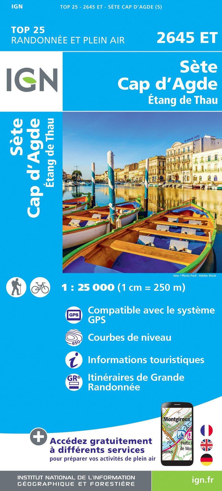 Carte TOP 25 n° 2645 ET - Sète, Cap d'Agde, Etang de Thau | IGN carte de randonnée IGN