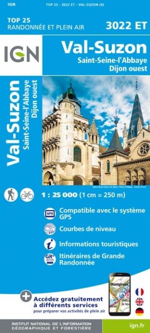 Carte TOP 25 n° 3022 ET - Val-Suzon, Saint-Seine-l'Abbaye, Dijon Ouest | IGN carte de randonnée IGN