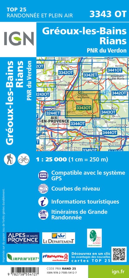 Carte TOP 25 n° 3343 OT - Gréoux-les-Bains & Rians (PNR du Verdon) | IGN carte de randonnée IGN