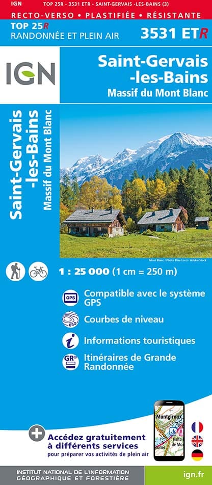 Carte TOP 25 n° 3531 ETR (résistante) - St Gervais & Massif du Mont Blanc | IGN carte de randonnée IGN