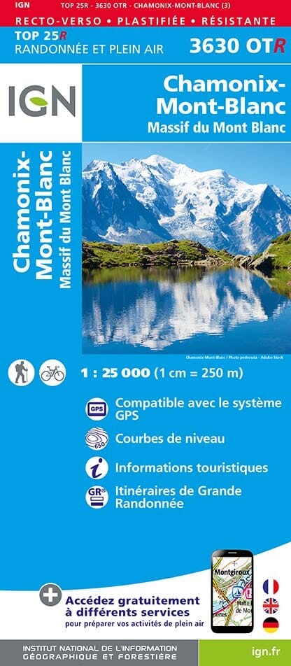 Carte TOP 25 n° 3630 OTR (résistante) - Chamonix-Mont-Blanc & Massif du Mont Blanc | IGN carte de randonnée IGN