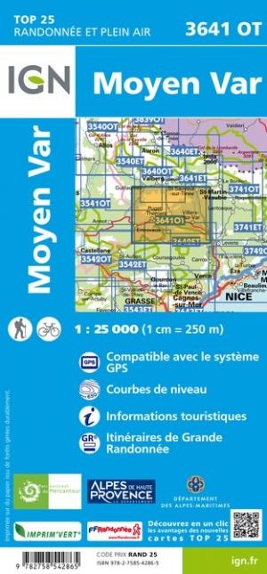 Carte TOP 25 n° 3641 OT - Moyen Var | IGN carte de randonnée IGN