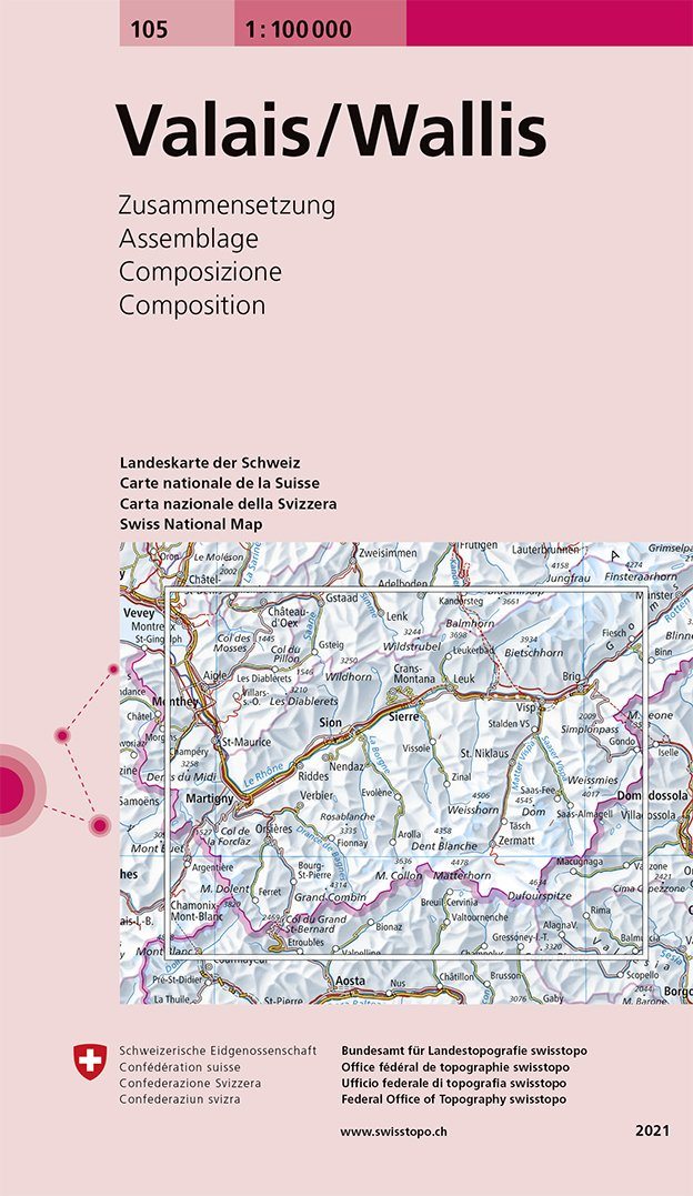 Carte topographique n° 105 - Valais, Wallis (Suisse) | Swisstopo - 1/100 000 carte routière Swisstopo