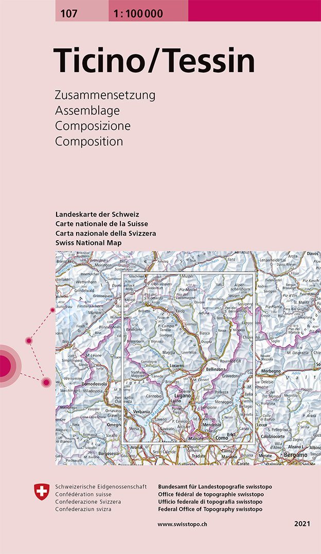 Carte topographique n° 107 - Ticino, Tessin (Suisse) | Swisstopo - 1/100 000 carte routière Swisstopo