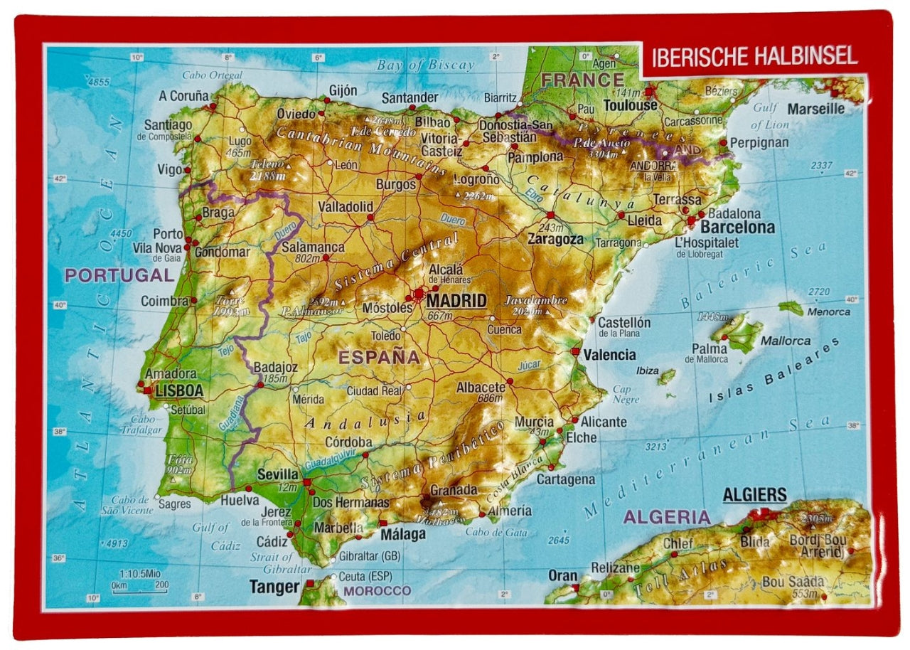 Carte postale en relief - Péninsule ibérique | Georelief carte routière Georelief