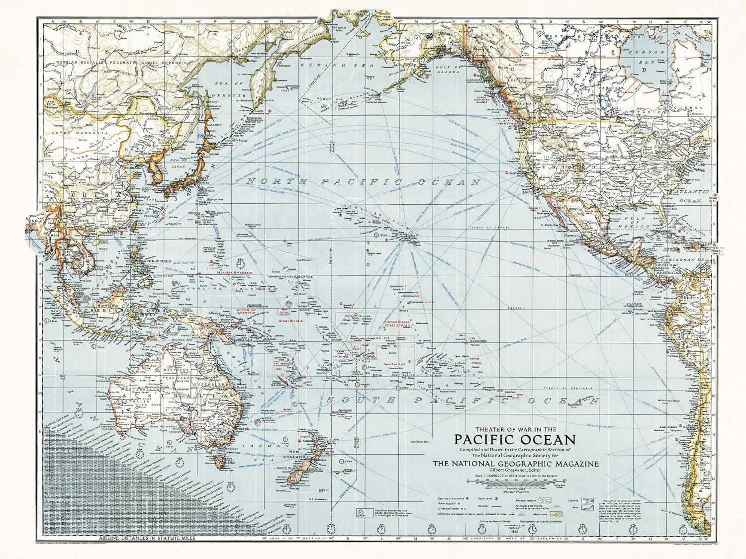 Carte historique - Théâtre de guerre dans le Pacifique (1942) | National Geographic carte routière National Geographic