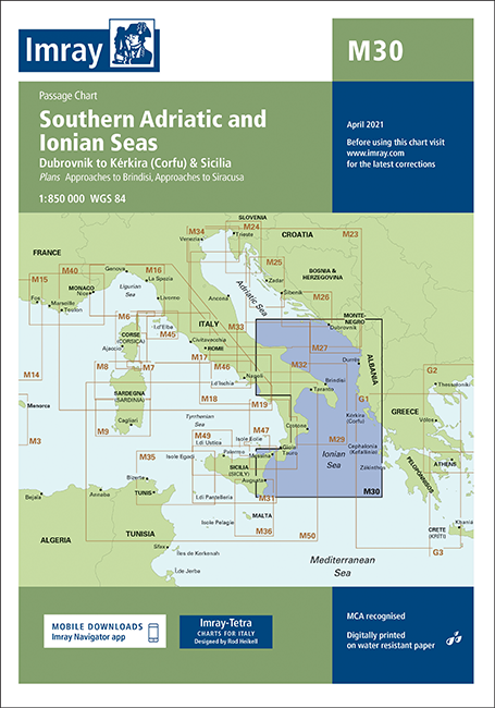 Carte marine M30 - Adriatique sud et mer Ionienne | Imray - 1:850 000 carte marine Imray