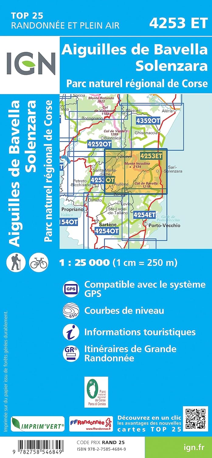 Carte de randonnée IGN TOP 25 n° 4253 ET - Aiguilles de Bavella, Solenzara, PNR de Corse