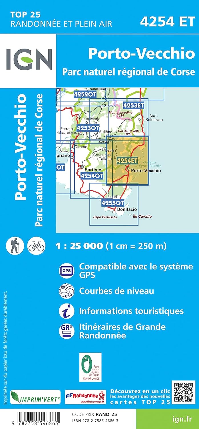 Carte de randonnée IGN TOP 25 n° 4254 ET - Porto-Vecchio (Corse)