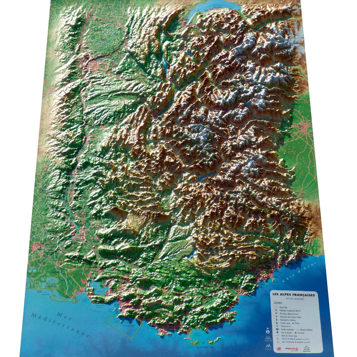 Carte murale en relief - Les Alpes Françaises et ses massifs alpins - 41 cm x 61 cm | 3D Map carte en relief 3D Map