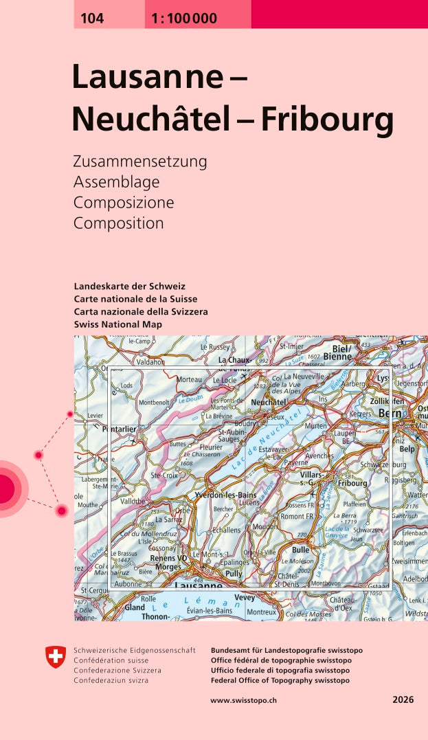 Carte topographique n° 104 - Lausanne, Neuchâtel, Fribourg (Suisse) | Swisstopo - 1/100 000