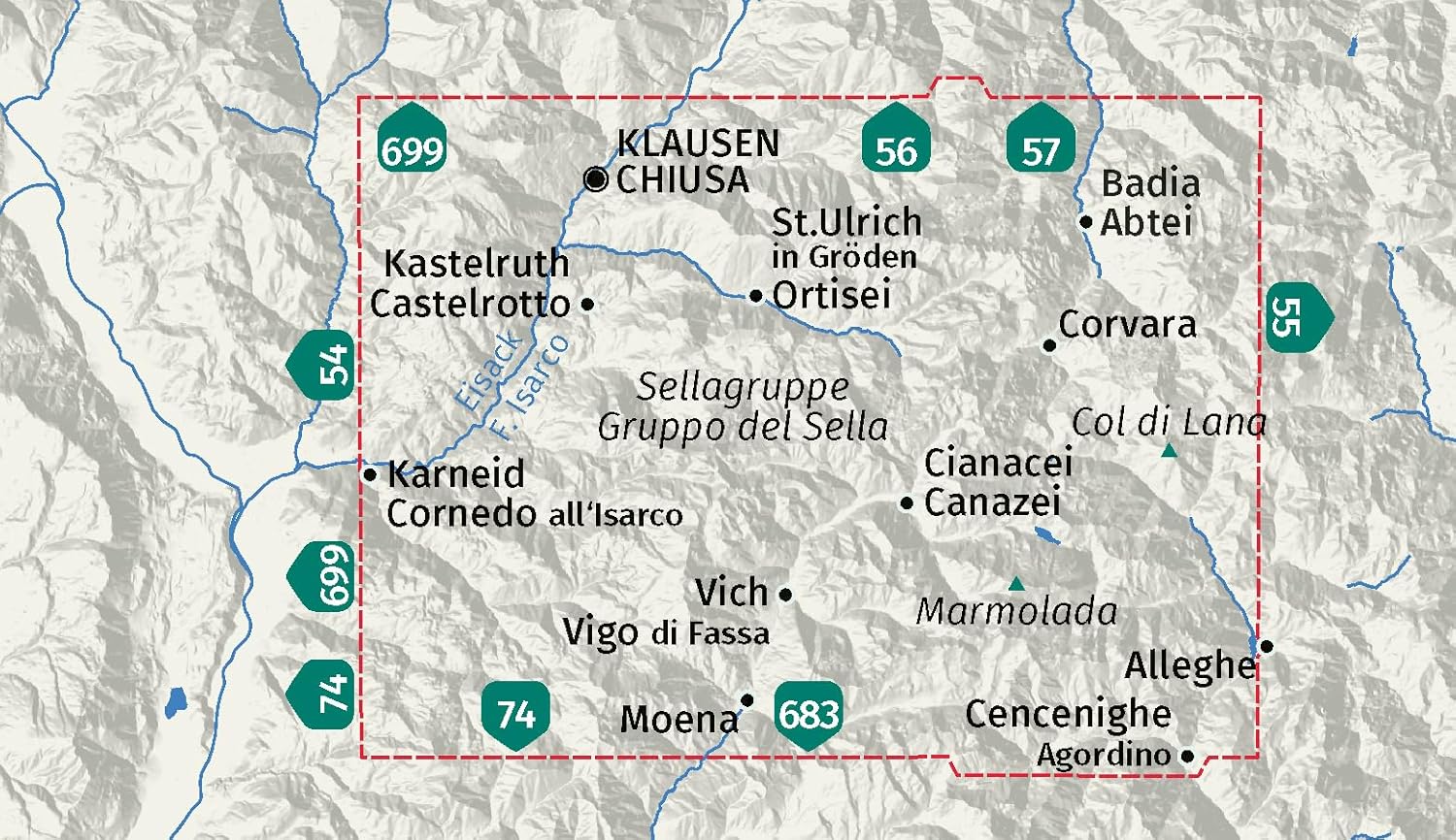 Carte de randonnée - Massif du Sella, Val Gardena & Alpe di Siusi | Kompass 59 - 1:50 000 carte de randonnée Kompass