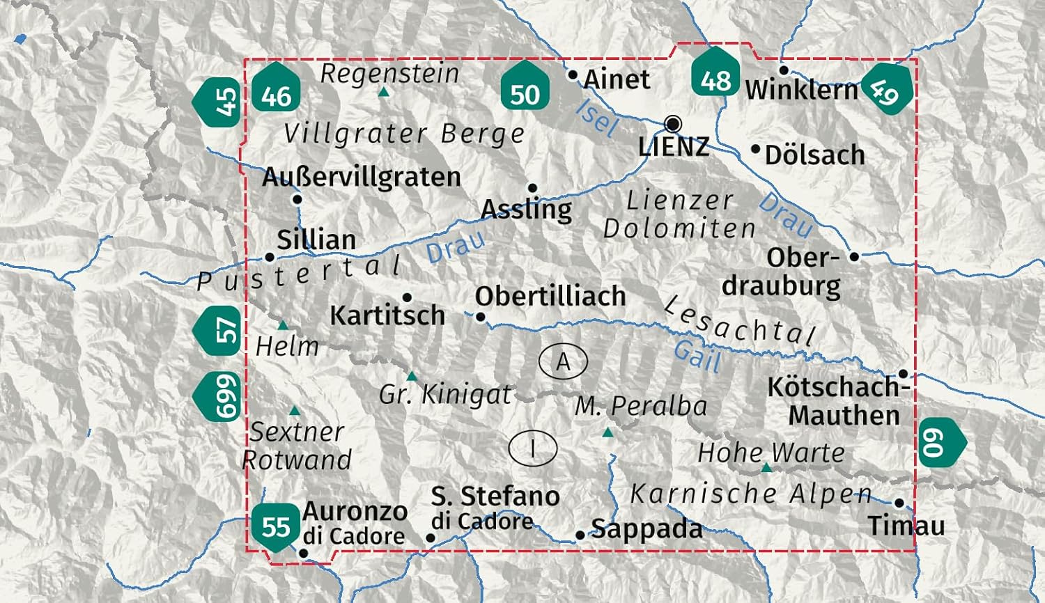 Carte de randonnée - Dolomites de Lienz, vallée de la Lesach & sentier d'altitude de Carnia | Kompass 47 - 1:50 000 carte de randonnée Kompass