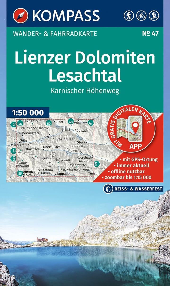 Carte de randonnée - Dolomites de Lienz, vallée de la Lesach & sentier d'altitude de Carnia | Kompass 47 - 1:50 000 carte de randonnée Kompass
