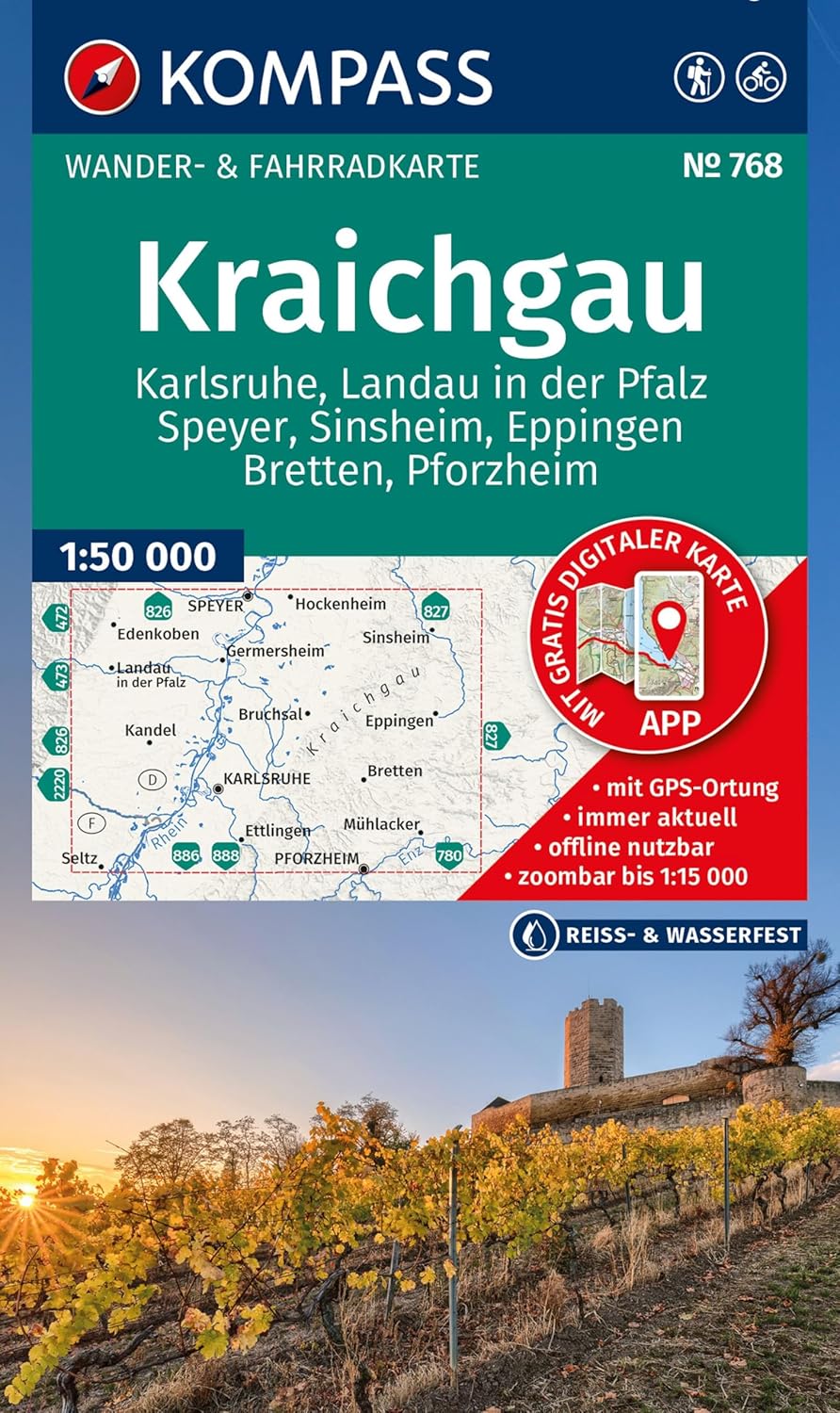 Carte de randonnée - Kraichgau, Karlsruhe, Landau, Spire, Sinsheim, Eppingen, Bretten & Pforzheim | Kompass 768 - 1:50 000 carte de randonnée Kompass