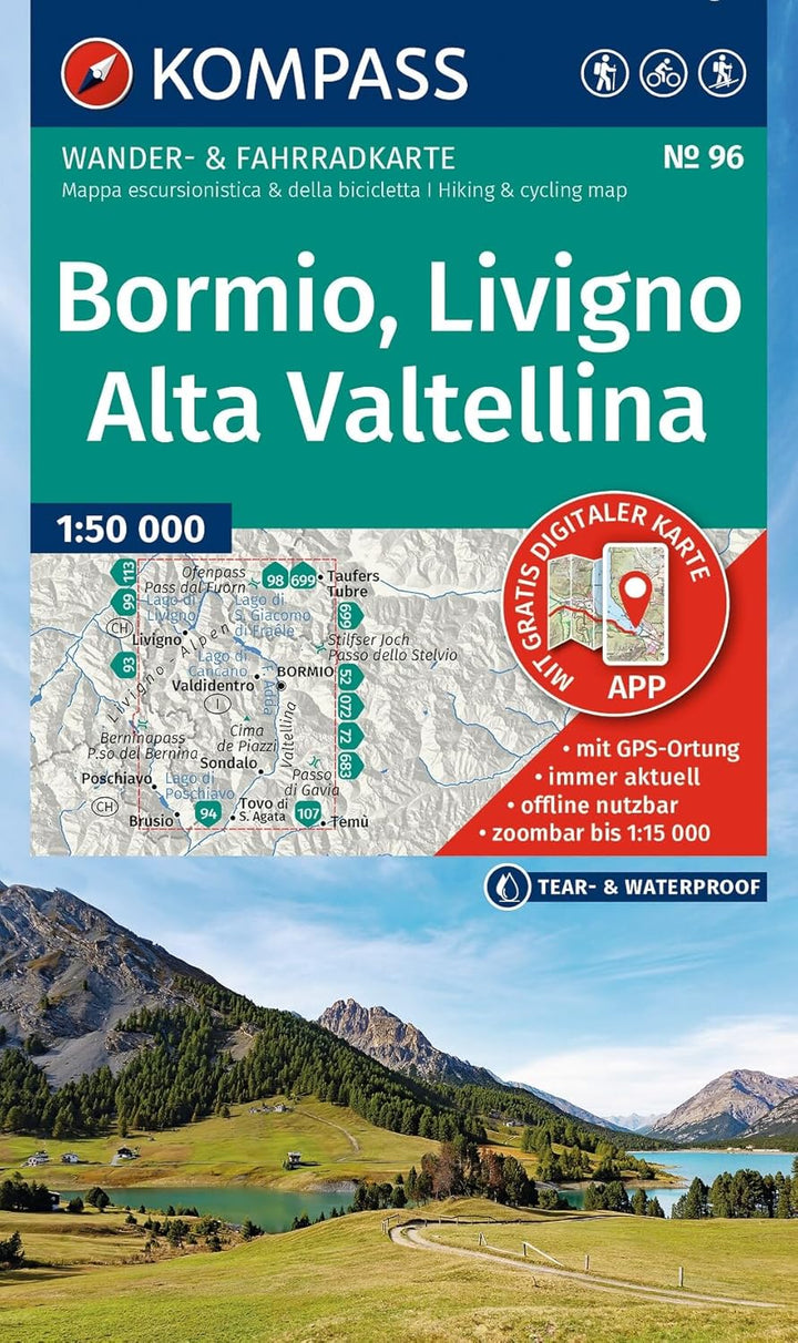 Carte de randonnée - Bormio, Livigno & Alta Valtellina | Kompass 96 - 1:50 000