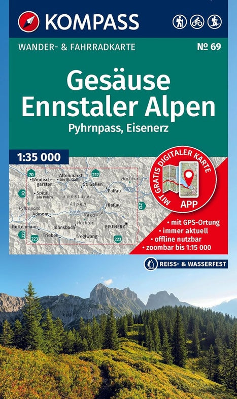 Carte de randonnée - Gesäuse, Alpes de l'Ennstal, col du Pyhrn & Eisenerz | Kompass 69 - 1:35 000 carte de randonnée Kompass