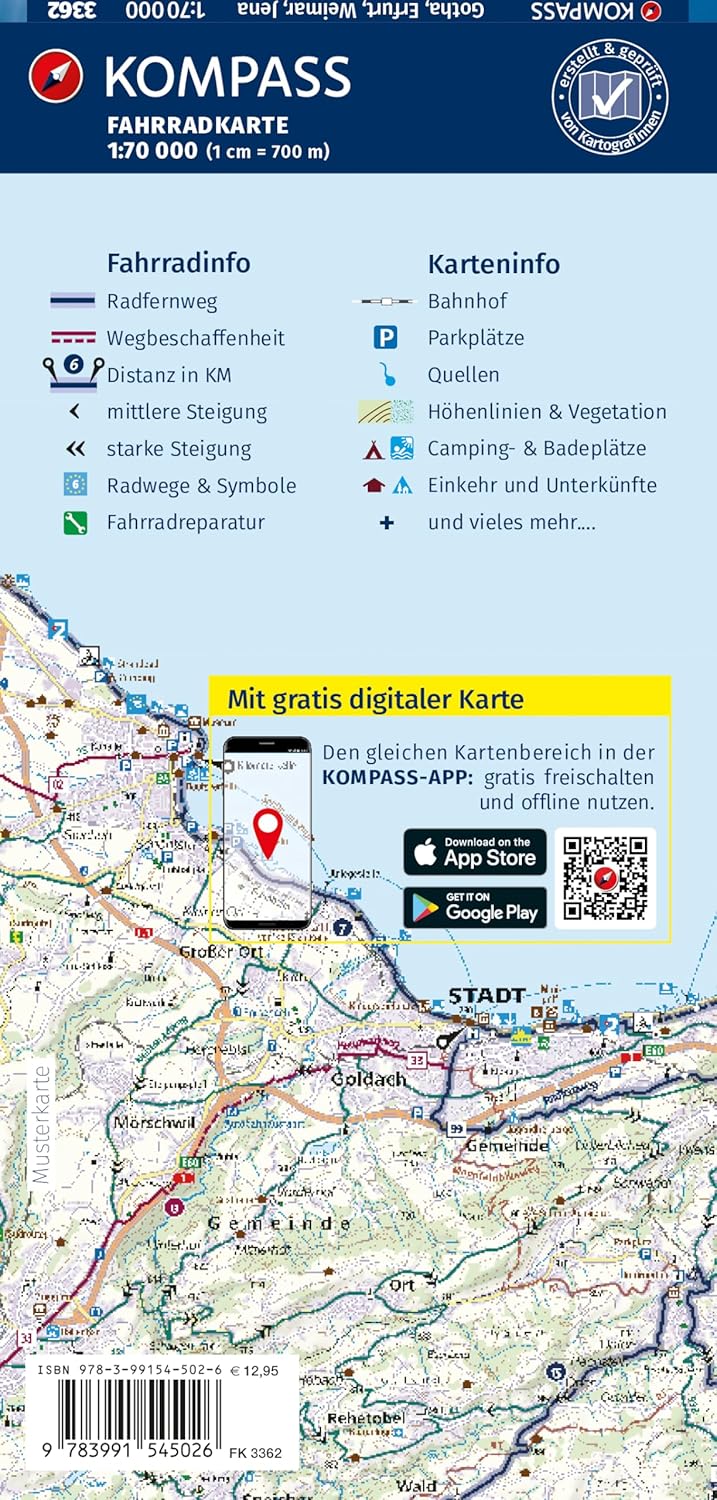 Carte cycliste n°F3362 - Gotha, Erfurt, Weimar & Iéna | Kompass - 1:70 000 carte cycliste Kompass