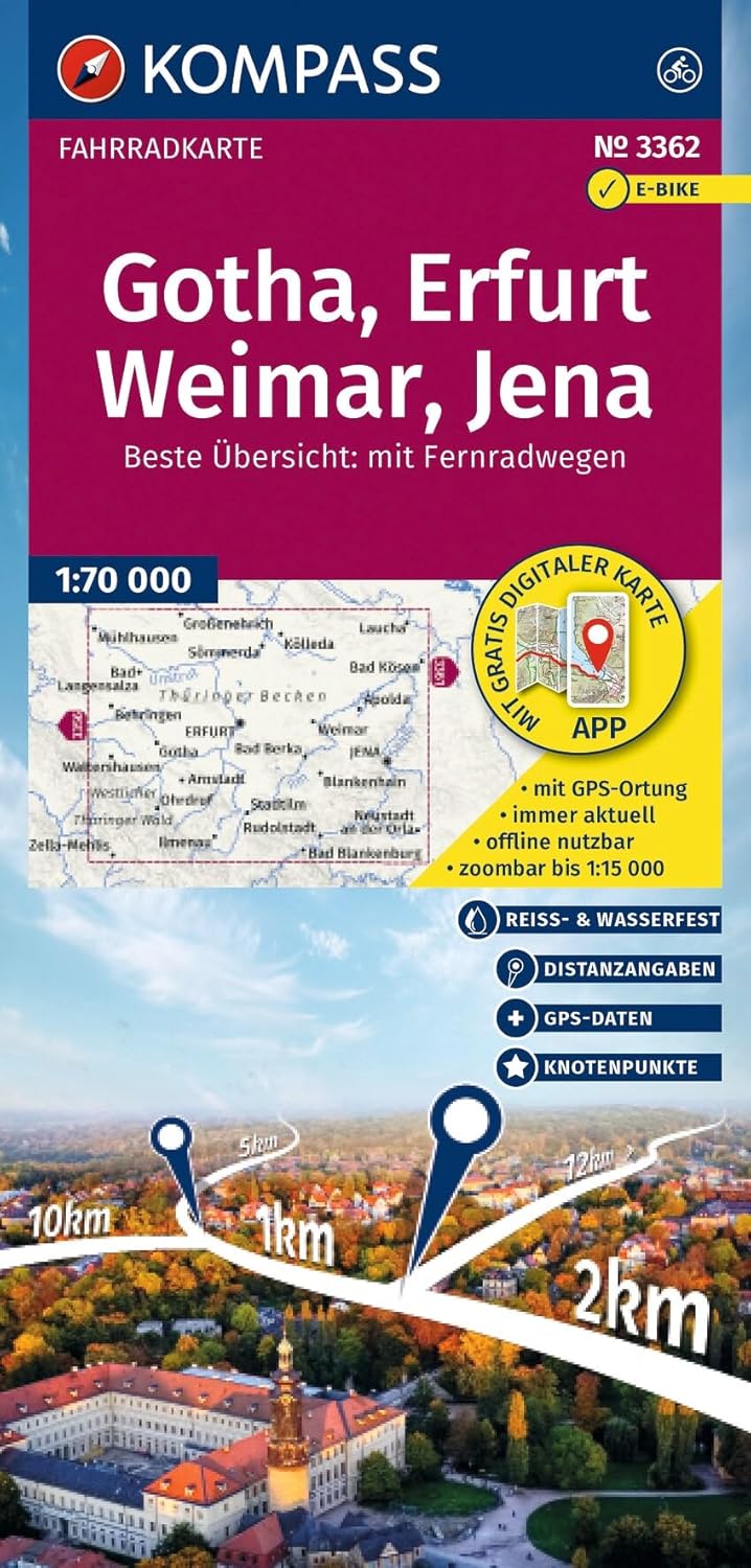 Carte cycliste n°F3362 - Gotha, Erfurt, Weimar & Iéna | Kompass - 1:70 000 carte cycliste Kompass