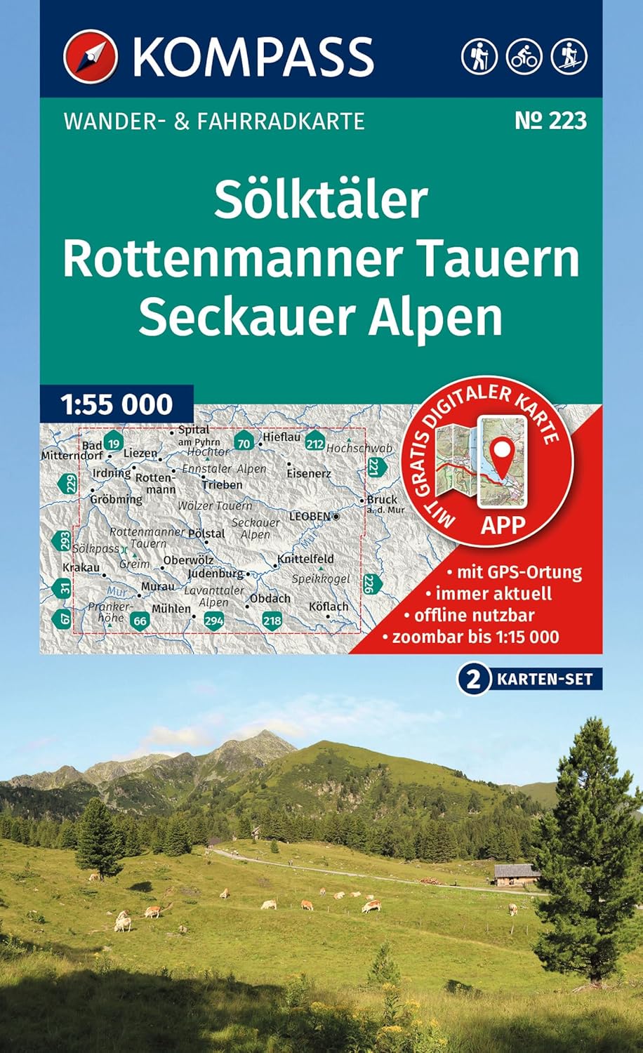 Cartes de randonnée - Vallées de la Sölk, Tauern de Rottenmann & Alpes de Seckau | Kompass 223 - 1:55 000 carte de randonnée Kompass