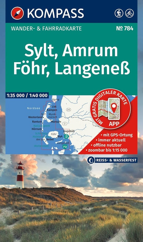Carte de randonnée - Sylt, Amrum, Föhr & Langeneß | Kompass 784 - 1:35 000 carte de randonnée Kompass