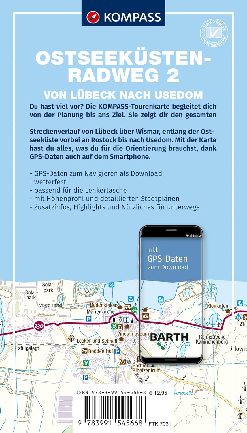 Carte cycliste n° F7031 - Piste cyclable de la Mer Baltique 2, de Lübeck à Usedom (Allemagne) | Kompass carte cycliste Kompass