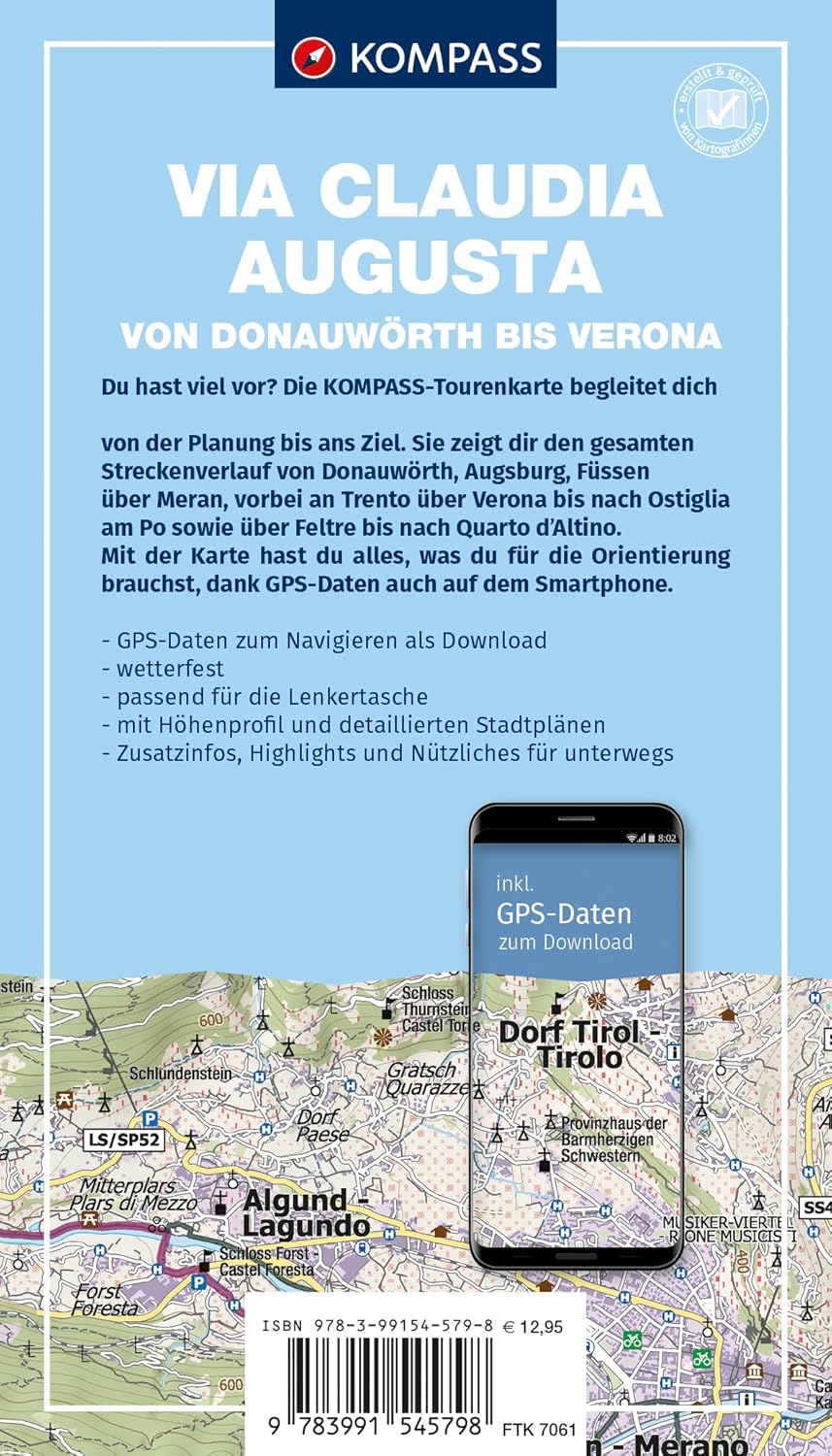 Carte cycliste - Via Claudia Augusta : de Donauwörth à Vérone | Kompass 7061 - 1:50 000 carte cycliste Kompass