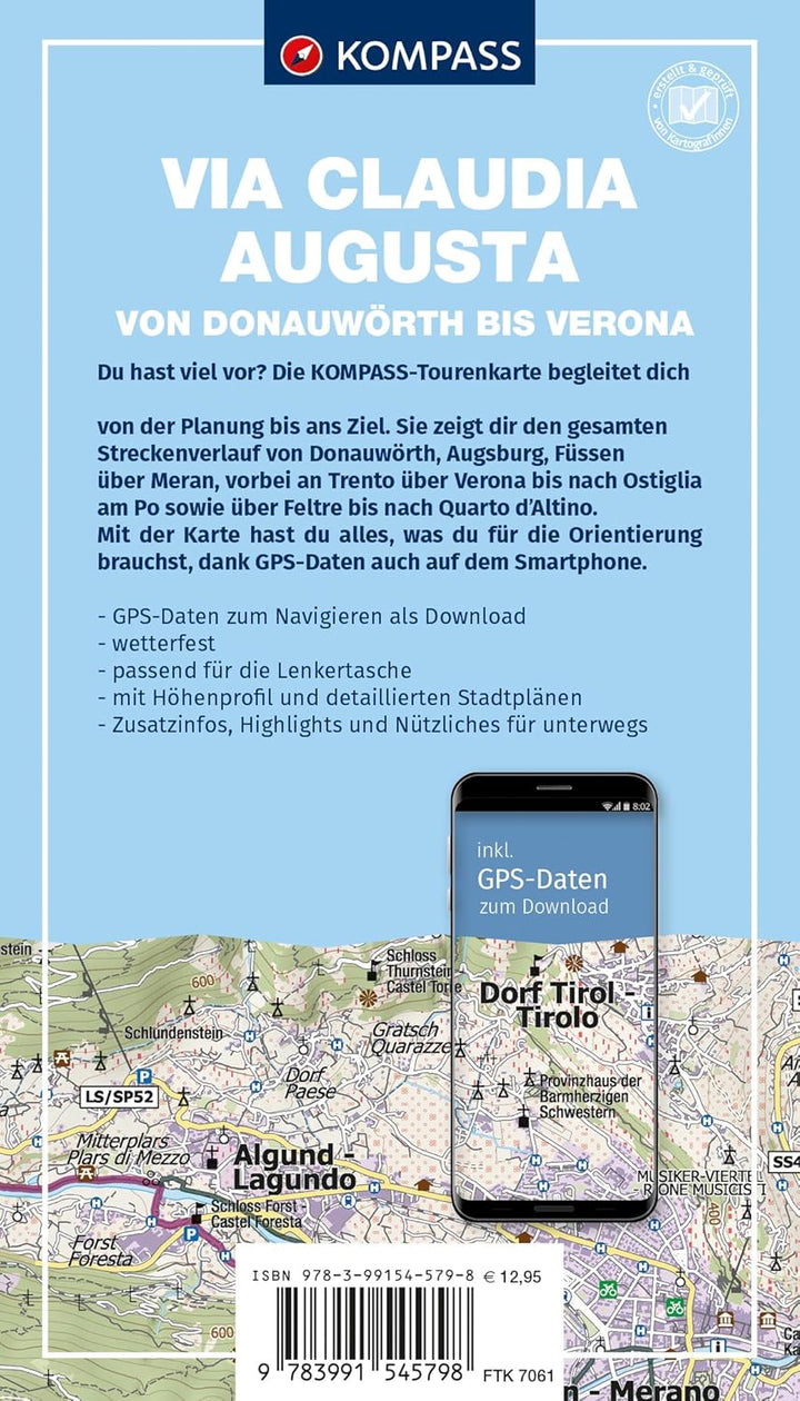Carte cycliste - Via Claudia Augusta : de Donauwörth à Vérone | Kompass 7061 - 1:50 000 carte cycliste Kompass