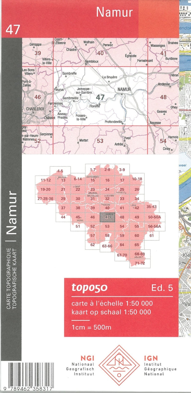 Carte topographique n° 47 - Namur (Belgique) | NGI - 1/50 000 carte de randonnée IGN Belgique