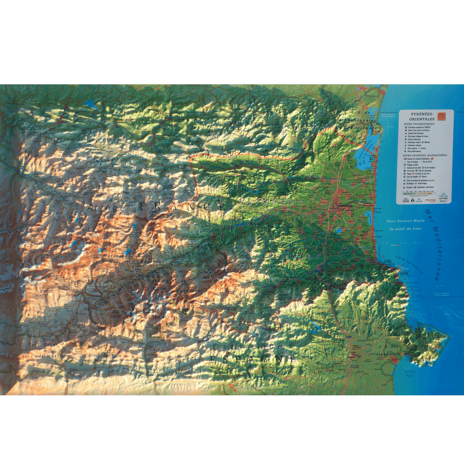 Carte murale en relief - Pyrénées-Orientales - 61 cm x 41 cm | 3D Map carte en relief 3D Map