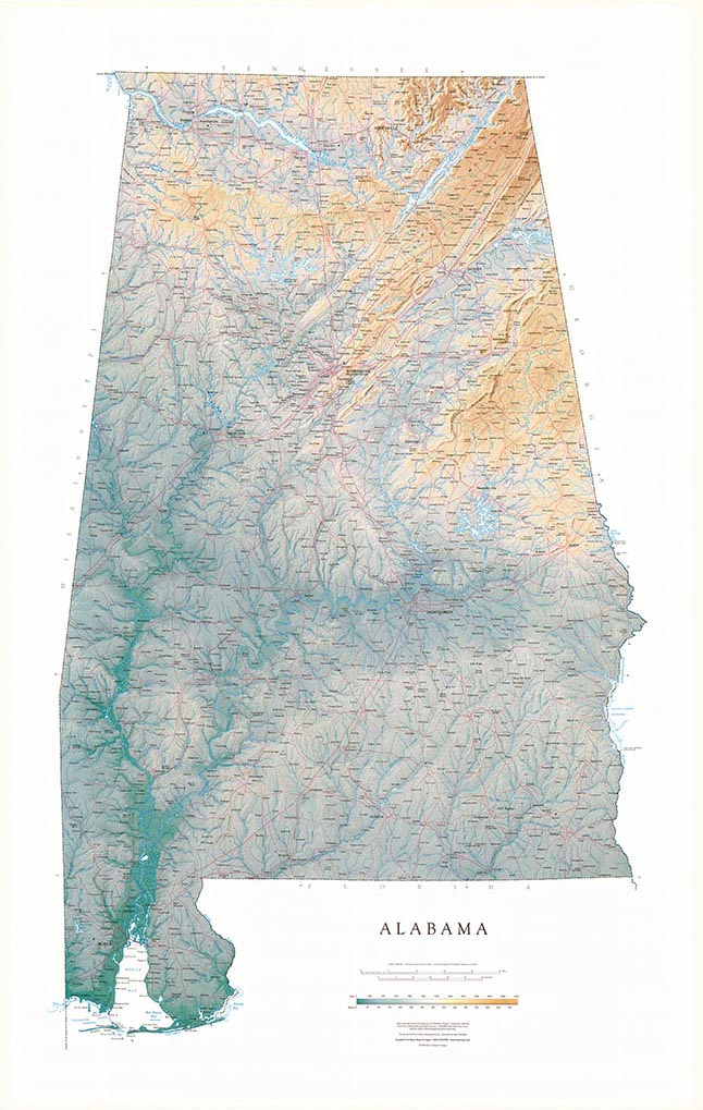 Carte murale physique - Alabama | Raven Maps