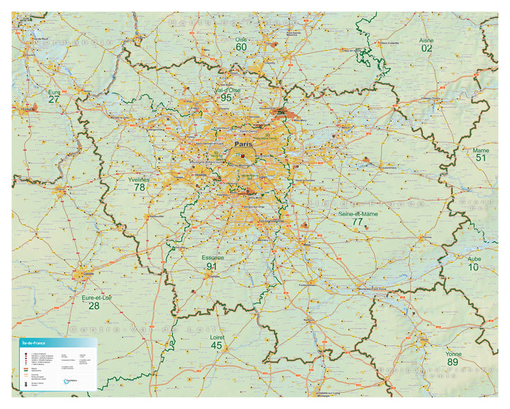 Carte murale administrative - Île-de-France & Paris (100 x 80 cm) | GeoMetro