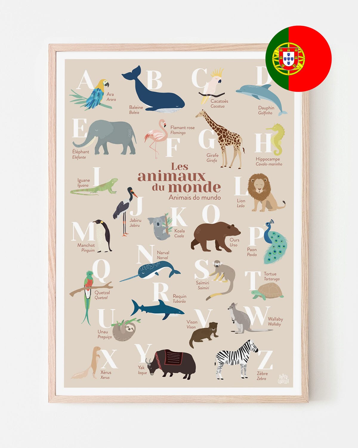 Affiche abécédaire bilingue - Les animaux du monde - A3 | Papier Curieux affiche Papier Curieux Français-portugais Corail