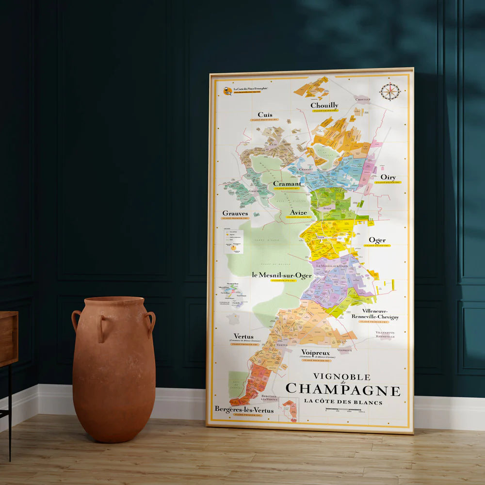 Affiche - Carte des Crus de Champagne (La Côte des Blancs) - 50 x 100 cm carte murale roulée (en tube) La carte des vins