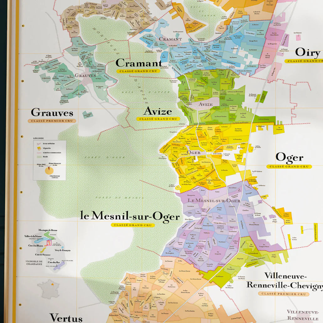 Affiche - Carte des Crus de Champagne (La Côte des Blancs) - 50 x 100 cm carte murale roulée (en tube) La carte des vins