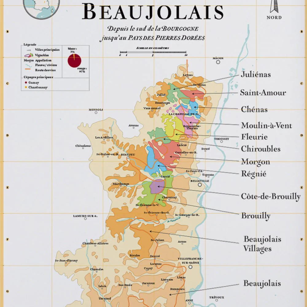 Affiche - Carte des crus du Beaujolais - 50 x 70 cm carte murale roulée (en tube) La carte des vins