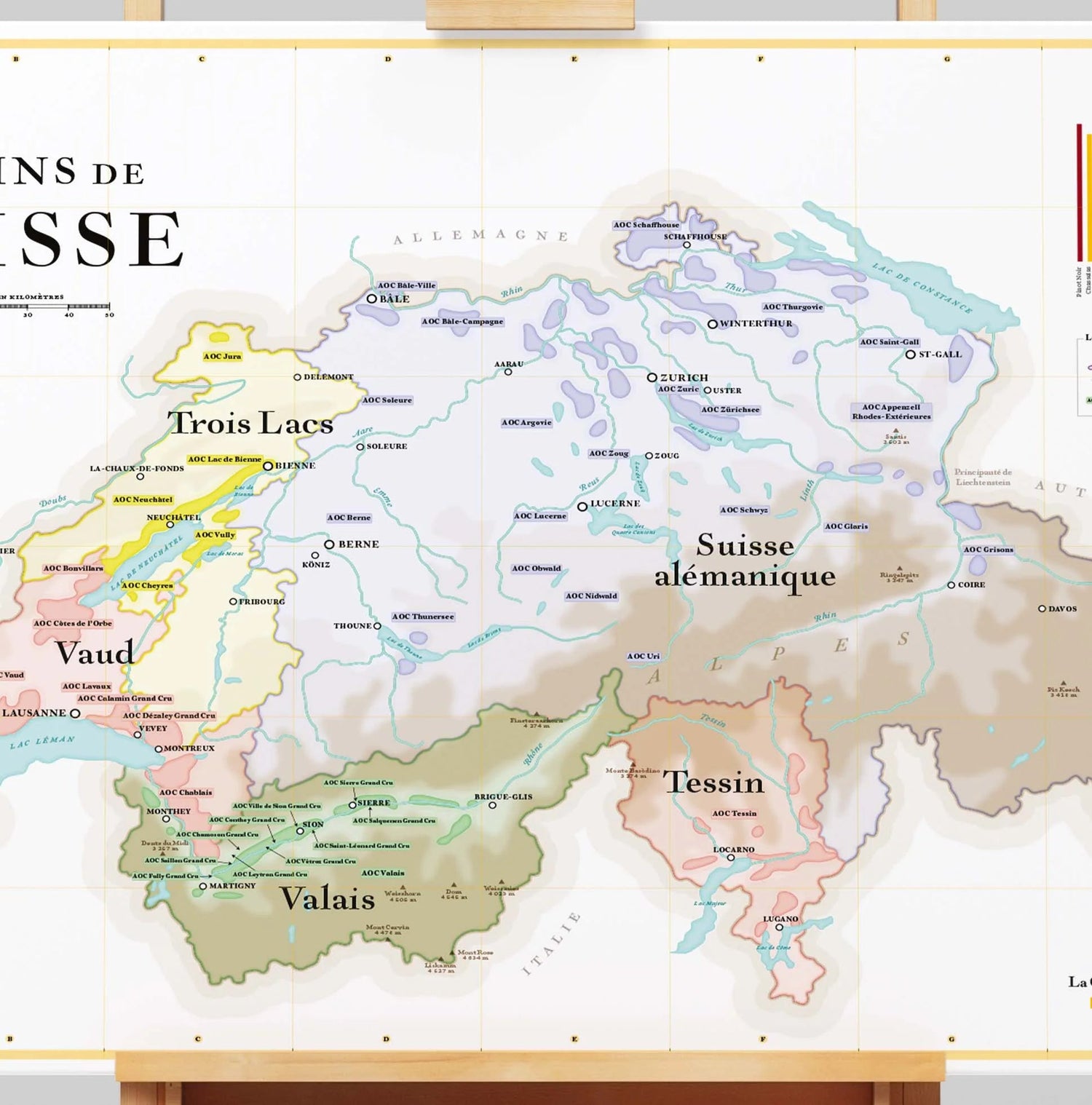 Affiche - Carte des vins de la Suisse - 50 x 70 cm carte murale roulée (en tube) La carte des vins