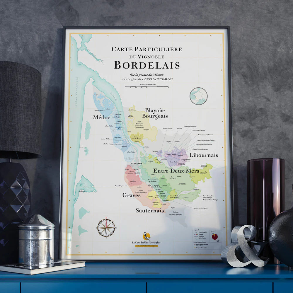 Affiche - Carte du vignoble bordelais - 50 x 70 cm carte murale roulée (en tube) La carte des vins