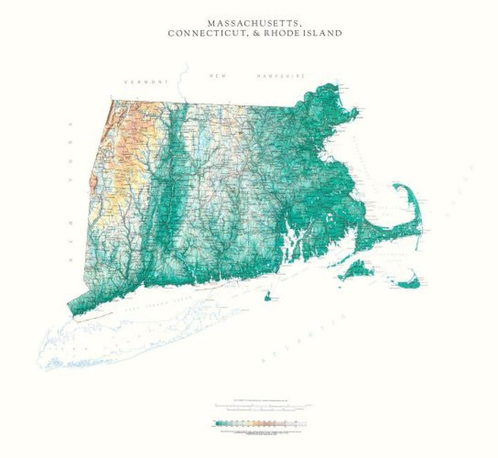 Carte murale physique - Massachusetts, Connecticut, & Rhode Island | Raven Maps