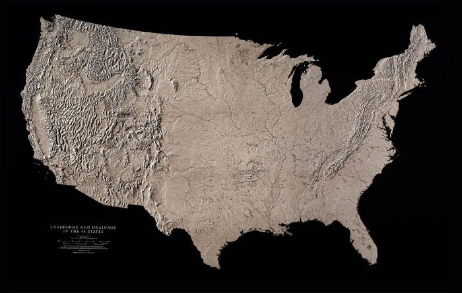 Carte murale physique - Relief et réseau hydrographique des 48 États continentaux (noir et blanc) | Raven Maps