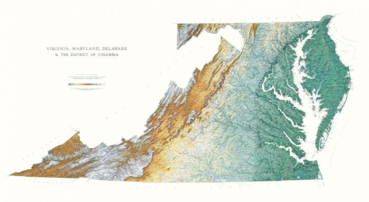 Carte murale physique - Virginie, Maryland, Delaware, District of Columbia | Raven Maps