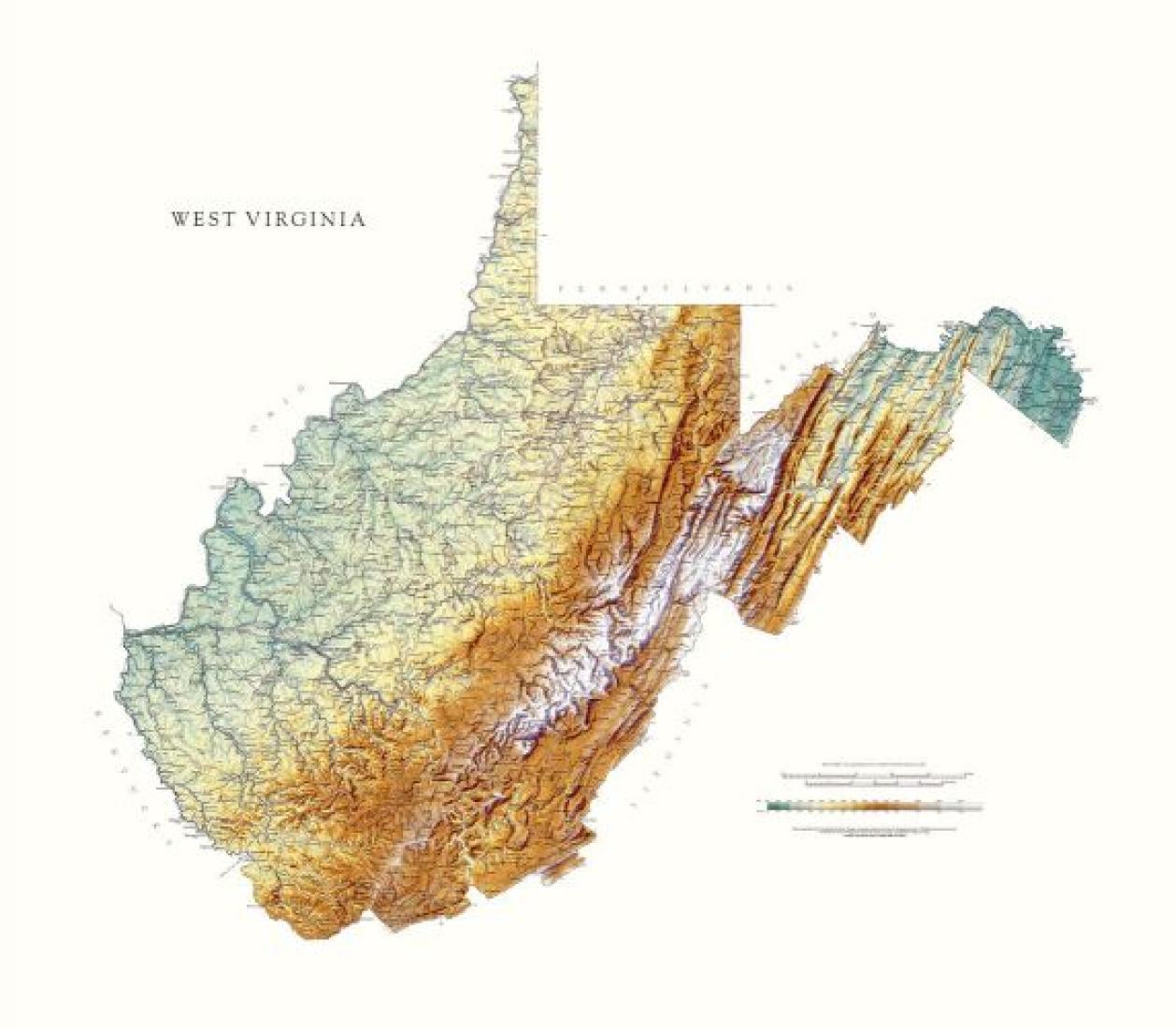 Carte murale physique - Virginie-Occidentale | Raven Maps