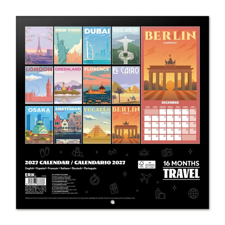 Calendrier mural 2027 - Travel - 30 x 30 cm carnet de voyage Hokusai 