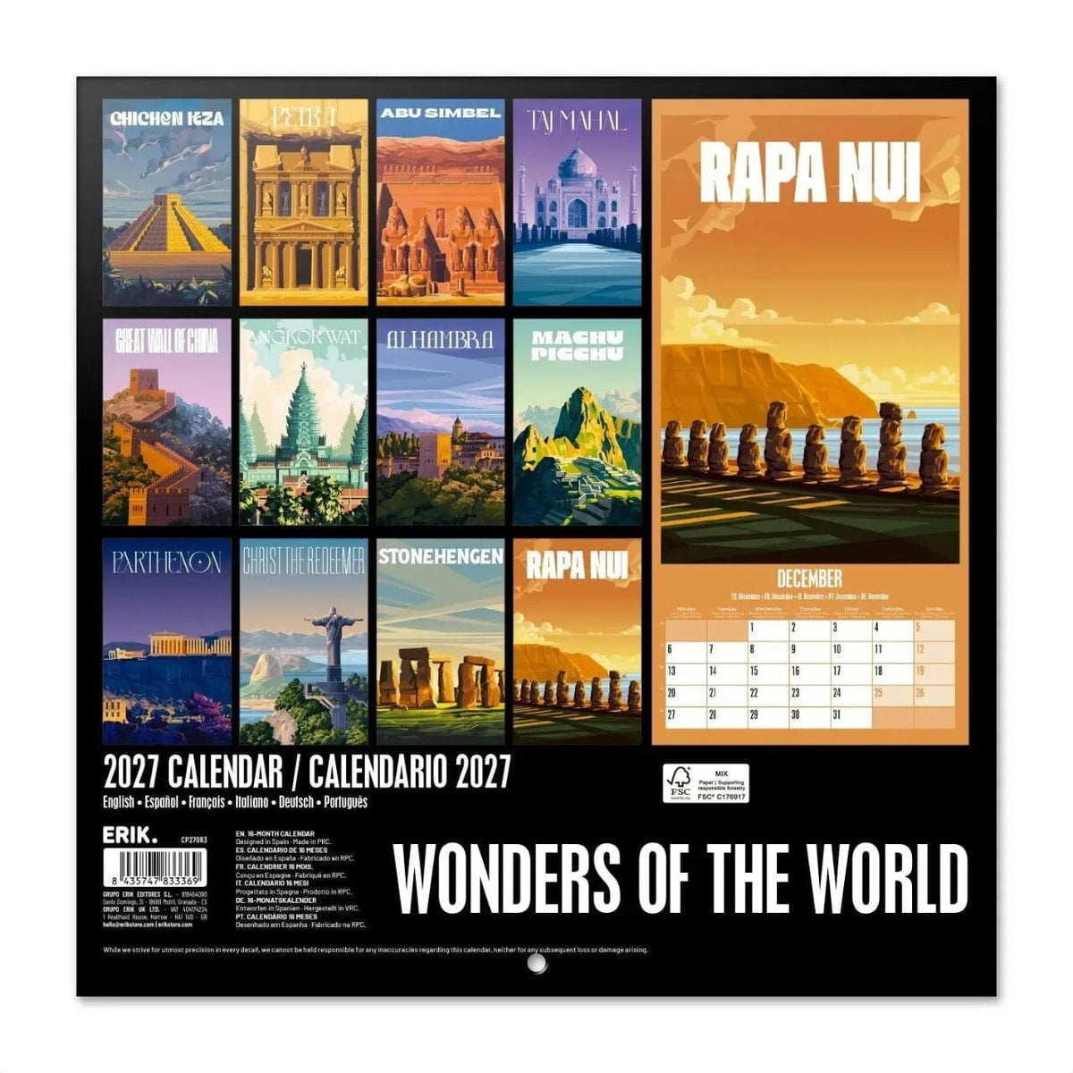 Calendrier mural 2027 - Wonders of the World - 30 x 30 cm carnet de voyage Hokusai 