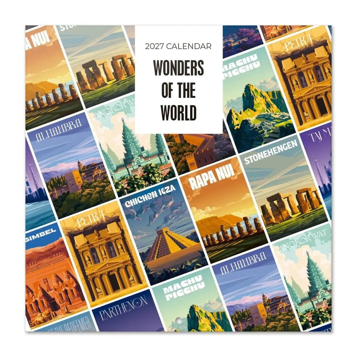 Calendrier mural 2027 - Wonders of the World - 30 x 30 cm carnet de voyage Hokusai 