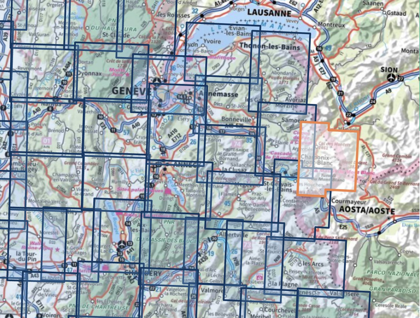Carte interactive Cartovia : assemblage des cartes de randonnée IGN Top 25 sur les Alpes du Nord, carte 3630 OT Chamonix – Mont-Blanc sélectionnée