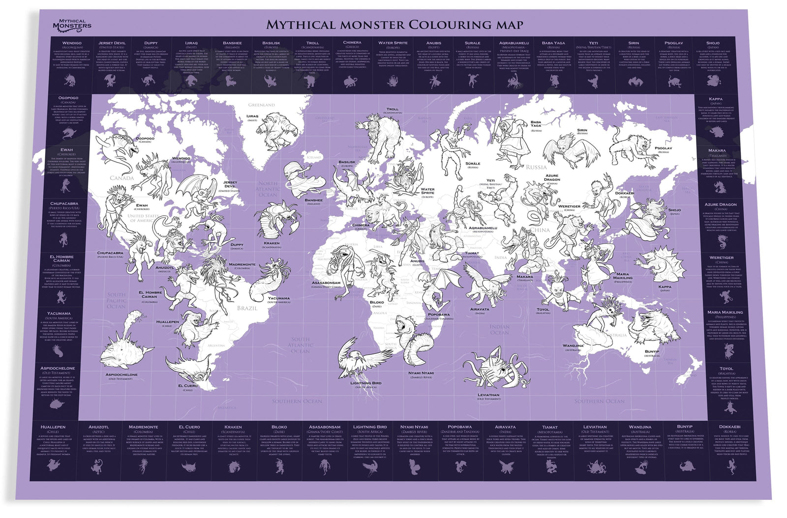 Carte à colorier pour enfants (en anglais) - Monstres Mythiques du Monde (84 x 60 cm) | Maps international carte murale roulée (en tube) Maps International