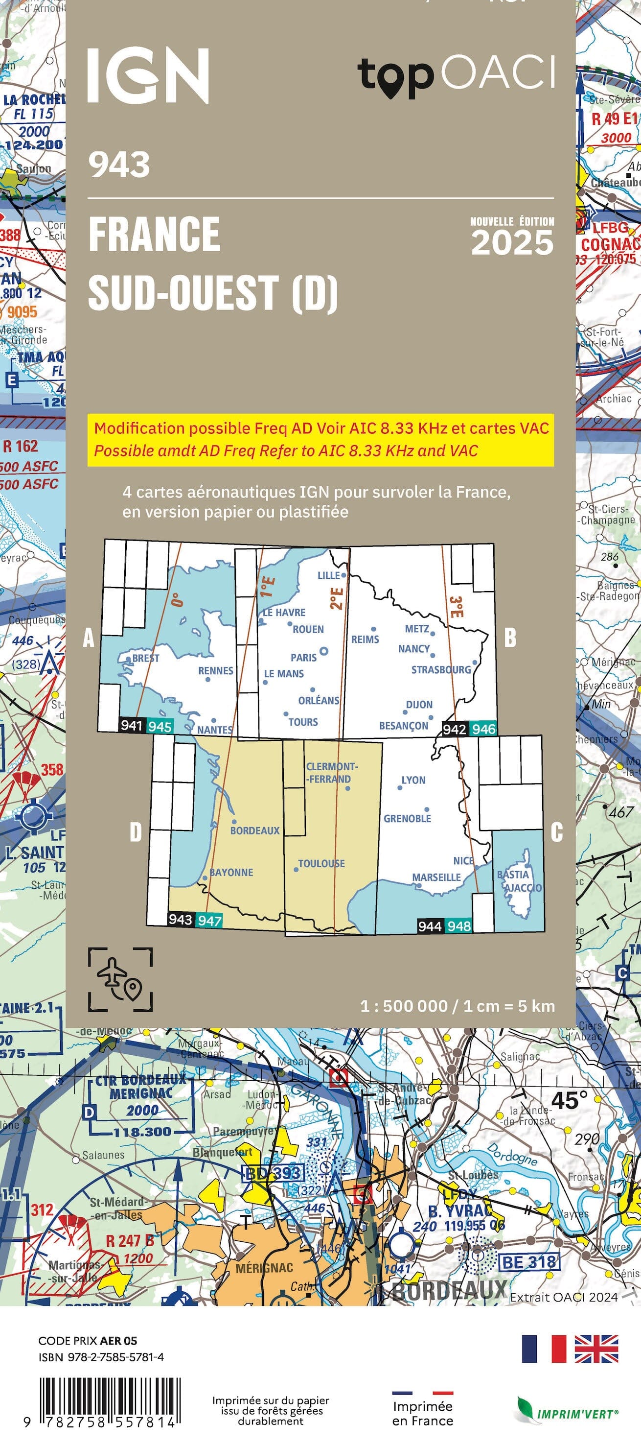 Carte aéronautique OACI 943 - France Sud-ouest 2025 | IGN carte routière IGN