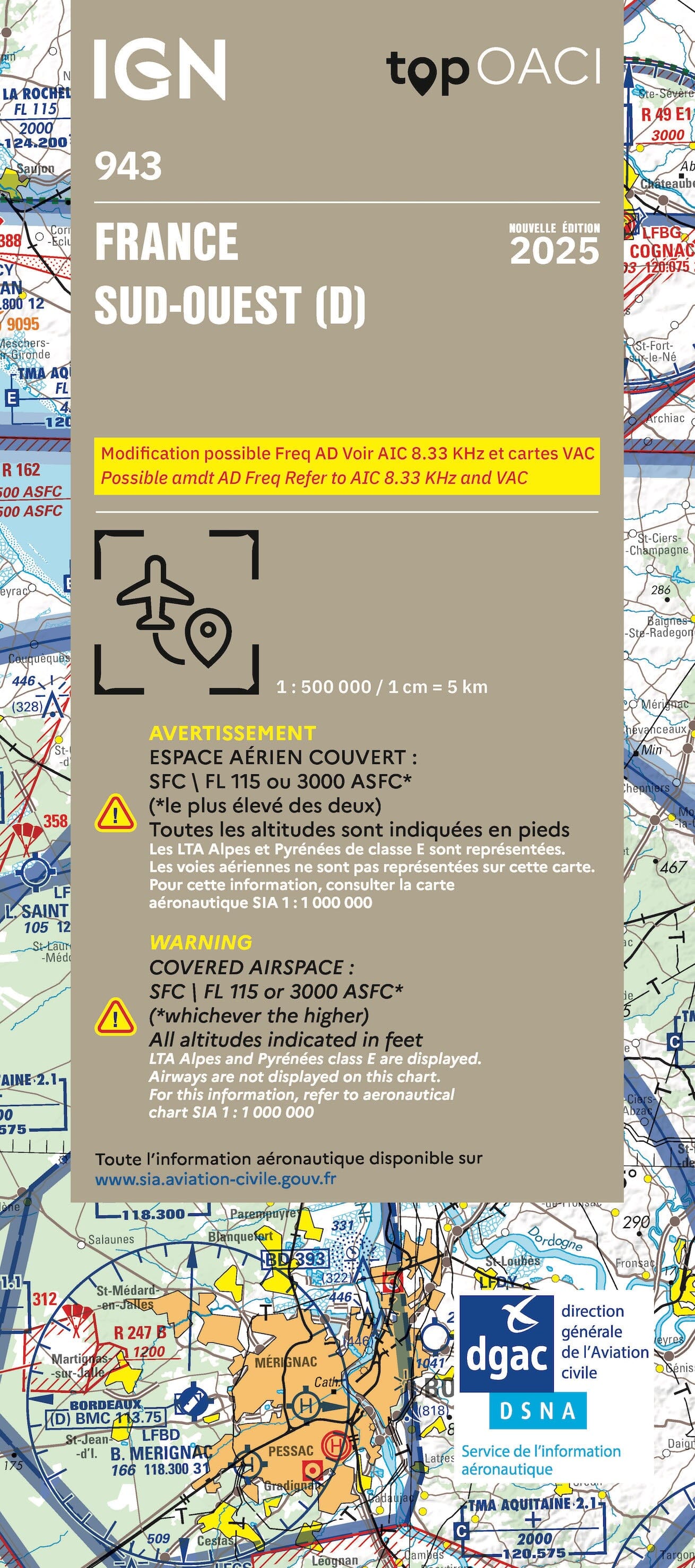 Carte aéronautique OACI 943 - France Sud-ouest 2025 | IGN carte routière IGN