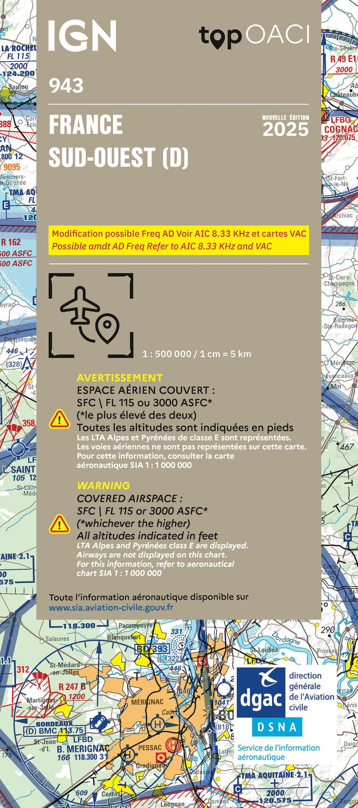 Carte aéronautique OACI 943 - France Sud-ouest 2025 | IGN carte pliée IGN 